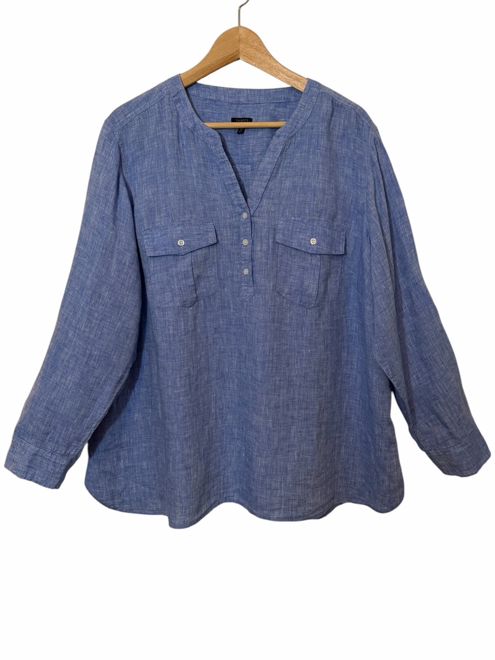Talbots Plus Petite Shirt Women 3XP Blue 100% Linen Split-Neck Roll Tab Pockets